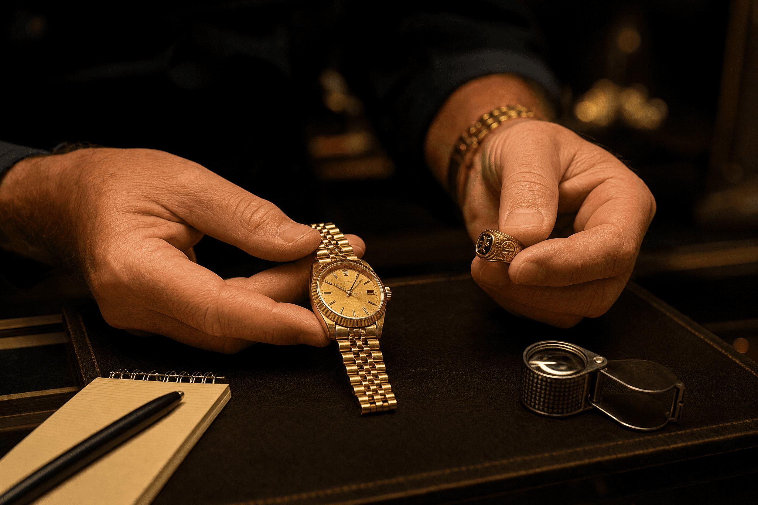 A pawnbroker examining a gold watch and ring at the counter